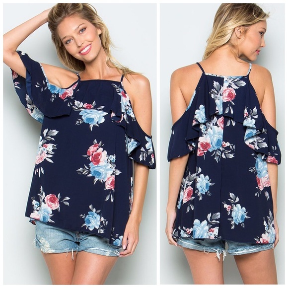 LAST 1! ❤️Stunning Navy Floral Ruffle Top! - Picture 2 of 3